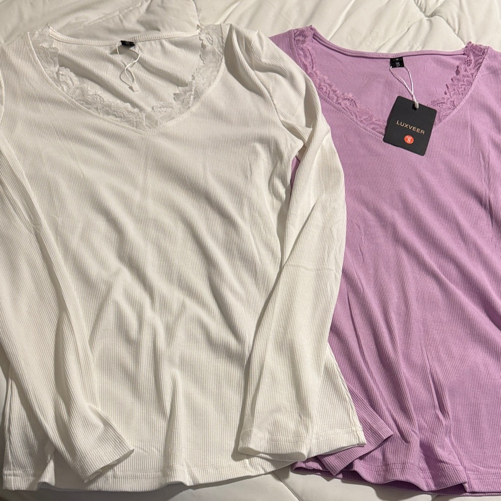 White and Purple Lace Trim Long Sleeve Tops